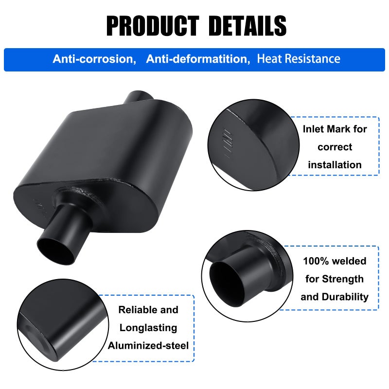 Floshine Universal Mufflers Performance Automotive Exhaust Muffler Single Chamber 2.75 inch inlet (ID) 2.75 inch outlet (ID) Black FH427109 - Image 3